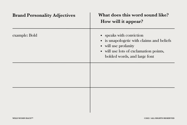 This image is of a chart for how to define your brand personality adjectives.